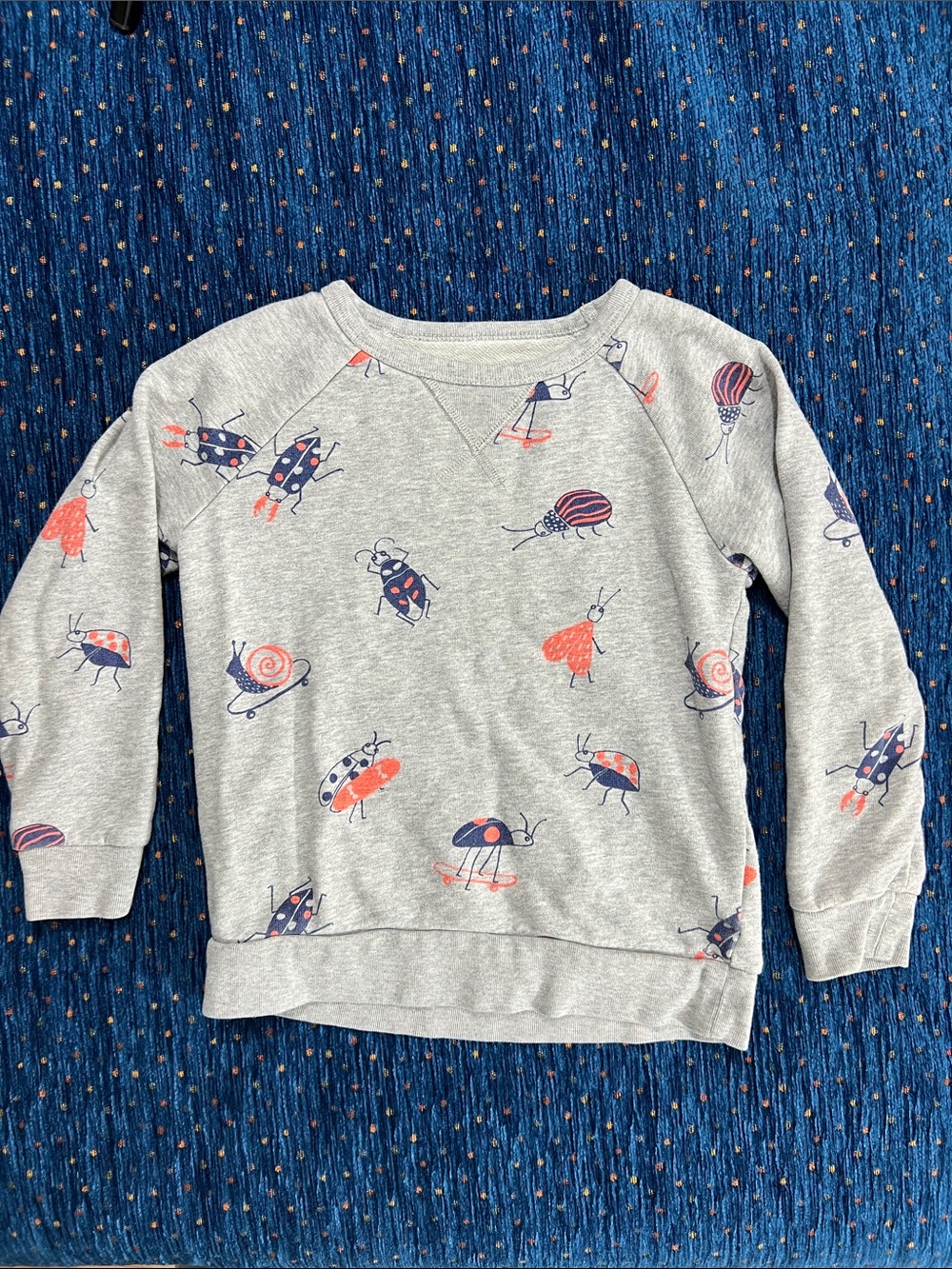 Mini Boden Grey Sweatshirt with Navy and Coral Bug and skateboard print size 5/6